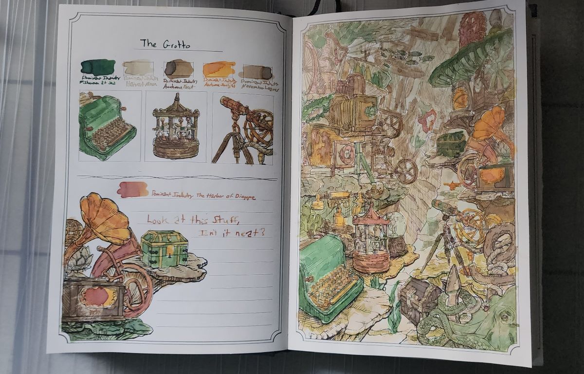 Hardcover book opened to a busy drawing of an undersea grotto filled with objects like a typewriter, phonograph, telescope, old cameras, chests etc. painted in warm shades of green, beige, brown, and orange.