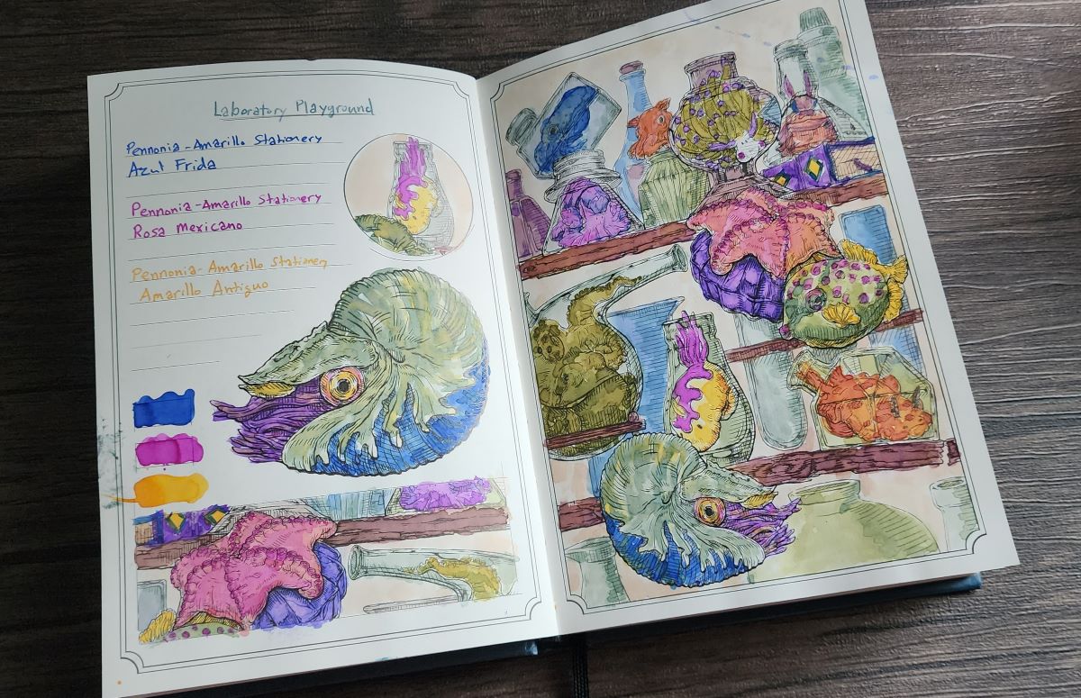 Hardcover book open to drawing of sea creatures like octopus, nautilus, fish, and sea slugs exploring a laboratory with glass containers of all shapes and sizes on wooden shelves, painted in vibrant blue, purple, pink, yellow, green, orange, and brown.