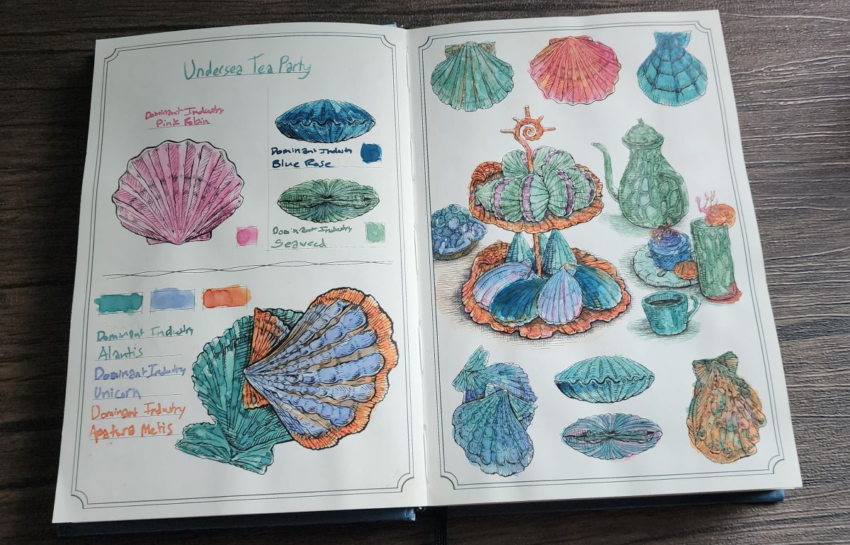 Hardcover book on a desk opened to a page showing a whimsical undersea tea party with a tray of seashell treats, a teapot, glass, and mug that look like coral, surrounded by more shells, painted in shades of pink, orange, dark blue, sea green, blue green, and purple. Small boxes show swatches of the six colors with the names written next to them.