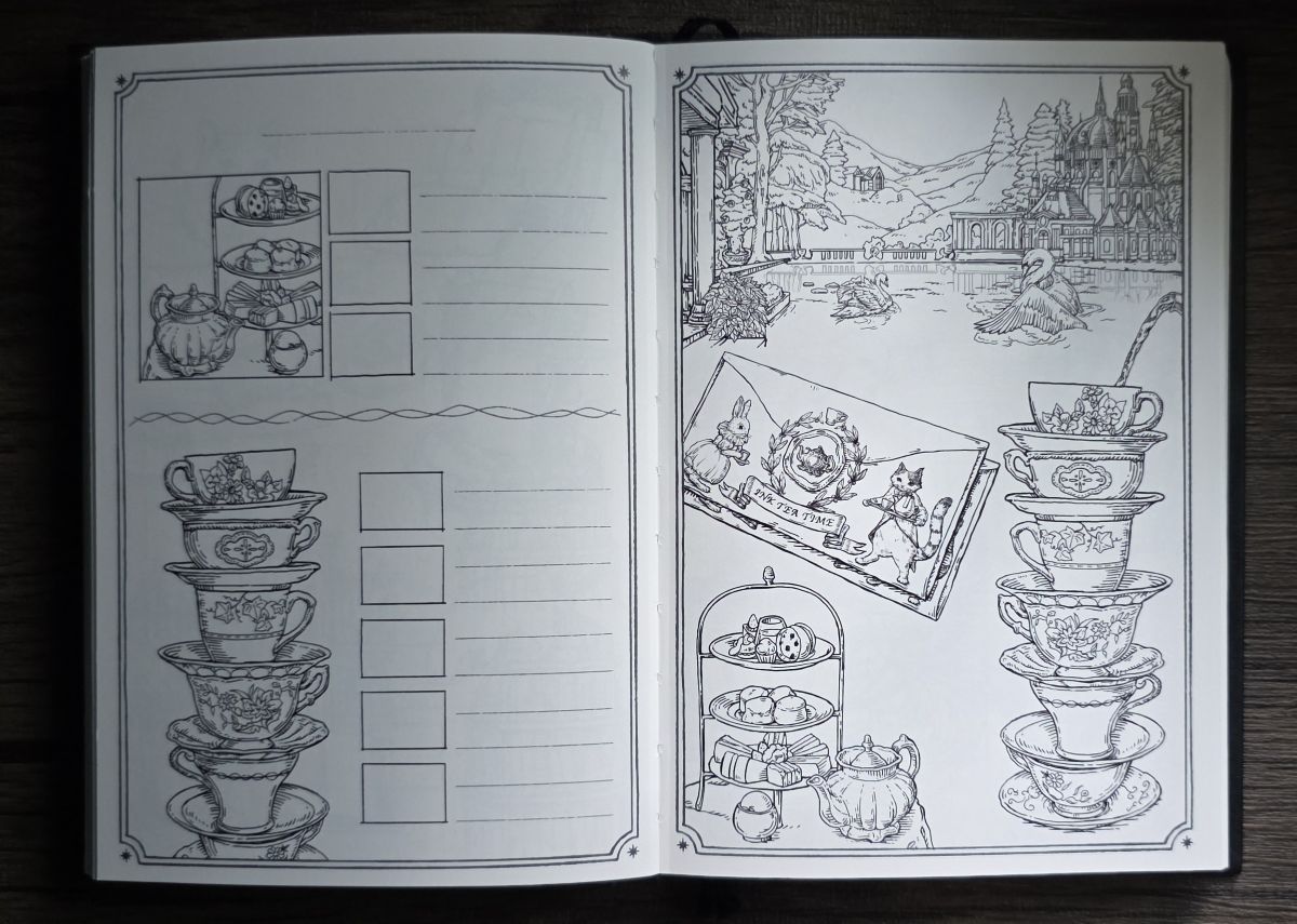 Ink Archiving book open to a page with a black outline illustration of a reflecting pool with swans by an ornate building nestled among hills and trees in the upper area of the right page, a collage of a fancy invitation to tea time, a 3-tier tray of treats, teapot, and stack of six teacups with saucers in varied ornate designs at the bottom of the right page, and small boxes and lines to write on with slightly smaller copies of the stack of teacups, treat tray, and teapot on the left page.