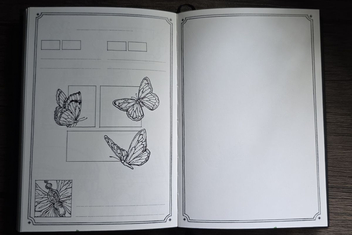 Ink Archiving book open to a page with a few lines to write on, four small boxes for swatches, and black outline illustrations of a few butterflies on the left page, and the right page is blank except for a fancy border around the edge of the page.