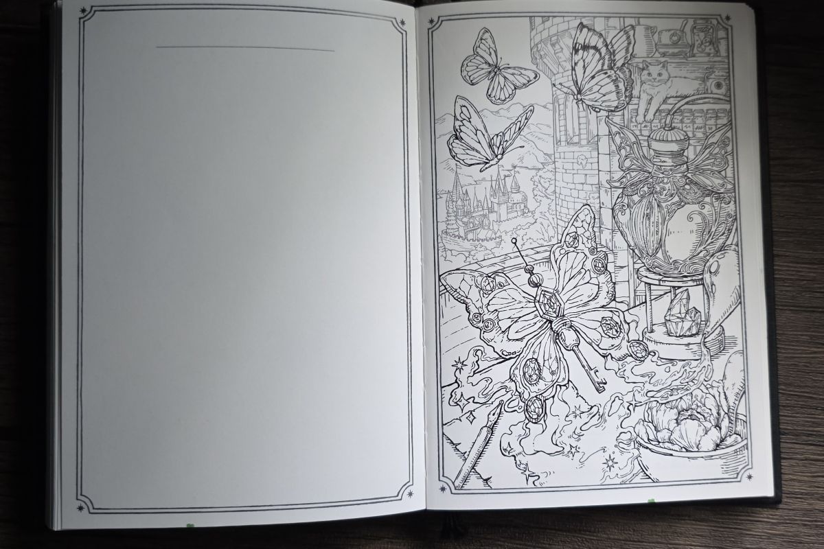 Ink Archiving book open to a page with a black outline illustration of a room with a large window in the tower of a castle, a large ornate glass bottle with wing decoration sitting on a stand over a crystal, other alchemical supplies (and cat) on shelves behind, other ingredients and tools around the desk, a large butterfly with jewels on its wings and a body that looks like a jewelled key, plus three more realistic butterflies flying in the air.
