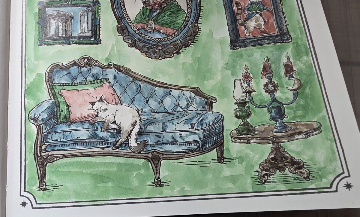 Close up of a painted page in the Ink Archiving Book showing a cat with white fur and gray points sleeping on a pale blue chaise lounge and some pillows, with portraits on the green wall behind and a small table with a lamp and fancy candelabra nearby.