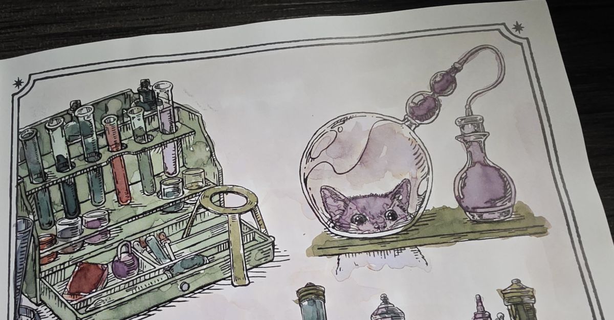 Close up of a painted page in the Ink Archiving Book with illustrations of cat peering into a piece of laboratory equipment with a large round glass globe attached to a bottle with a mysterious purple gray liquid inside, next to a storage rack filled with test tubes and other equipment.