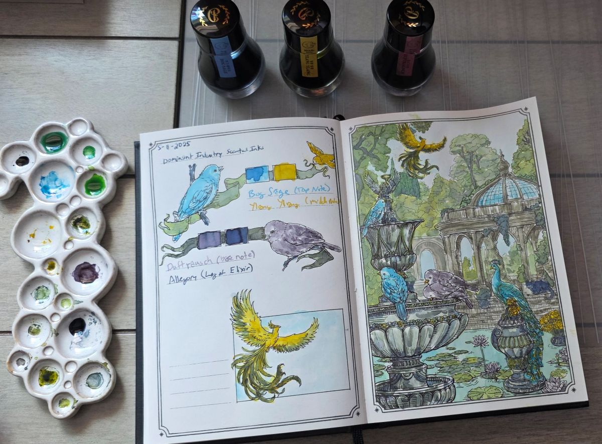 The Dominant Industry Ink Archiving Book, A Log of Elixir open to a page with sketches of birds and a scene of a garden with a large gazebo with trees behind and a pool of water in front with water lilies, a large tiered bird bath, several birds including a peacock, and a cat, all painted with 4 Dominant Industry inks. Next to the book are 3 bottles of fountain pen ink and a paint palette that looks like a cluster of bubbles with the remains of drops of ink. Inks used: Bog Sage (Scented, Top Note), a bright light blue, Ylang Ylang (Scented, Middle Note), a bright yellow, Duftrausch (Scented, Bottom Note), a muted gray pink, and Allegory (Standard), a dark indigo gray.