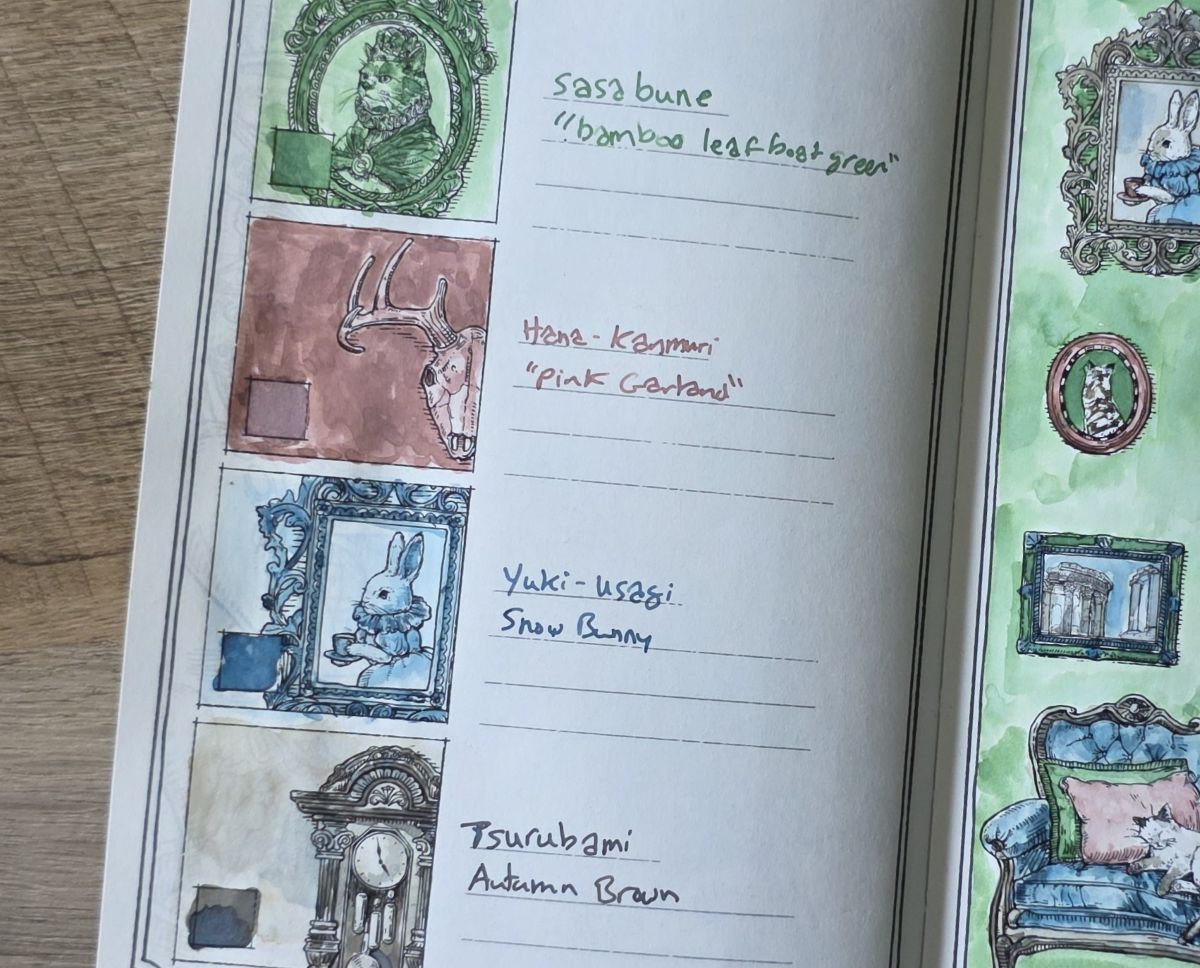 A close up of small illustrated elements in the Ink Archiving book, each painted in a single Sailor ink color with varying levels of color saturation. The illustrations include a portrait of a cat dressed like a monarch painted in a soft green called Sasabune, a skull with antlers on the wall painted in a dusty pink called Hanakanmuri, a portrait of a bunny in a dress holding a teacup painted in a pale blue gray called Yukiusagi, and a fancy wall clock painted in a brown gray called Tsurubami.