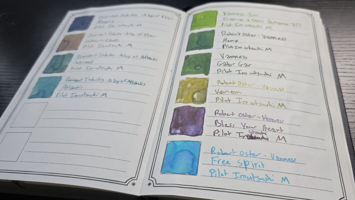 Ink Archiving book open to a swatch page with four Dominant Industry inks swatched on the left page and six Vanness and Vanness by Robert Oster inks swatched on the right, in shades of green, pink, blue, brown, and indigo, including some shimmer inks.