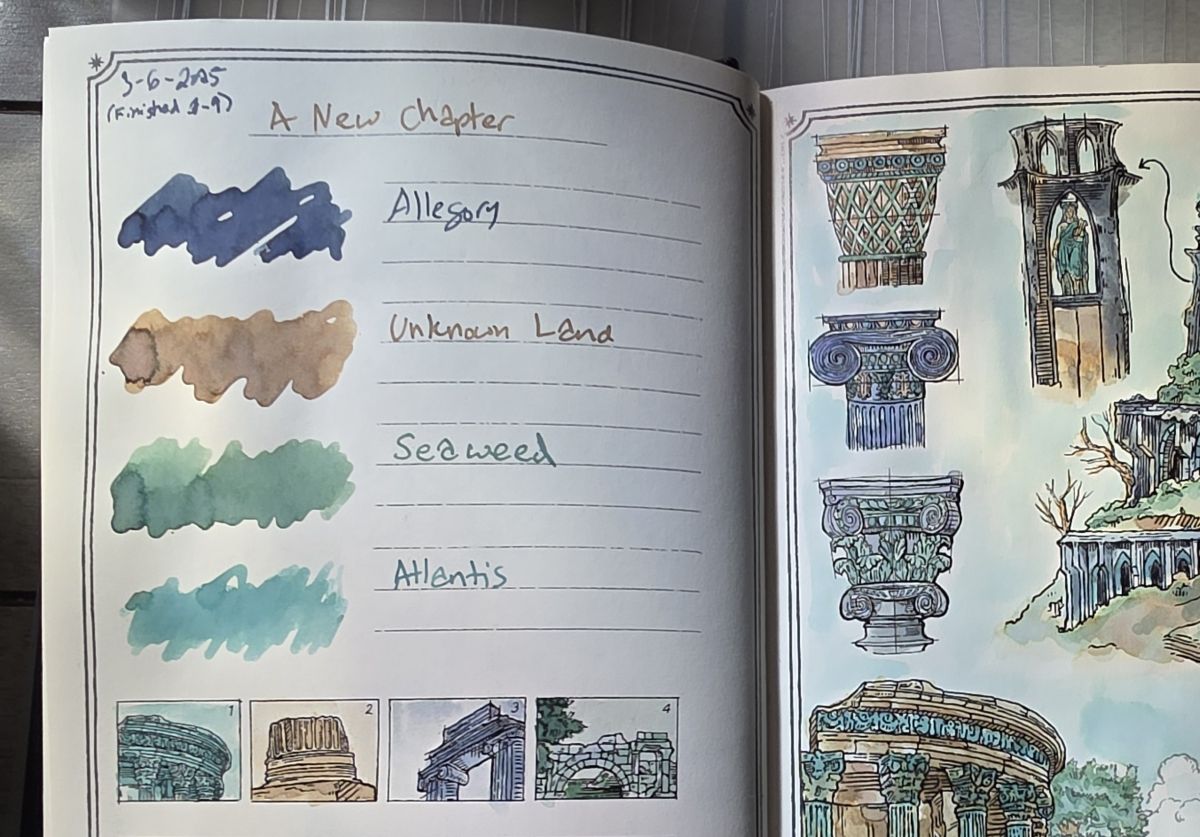 Ink Archiving Book open to a page featuring swatches of four Dominant Industry fountain pen inks: Allegory (a dark gray that looks indigo on this paper), Unknown Land (a shading medium warm brown), Seaweed (a chromashading medium green), and Atlantis (a blue green with electric blue shimmer), and painted sketches of stone ruins including columns, arches, and towers with those four colors.