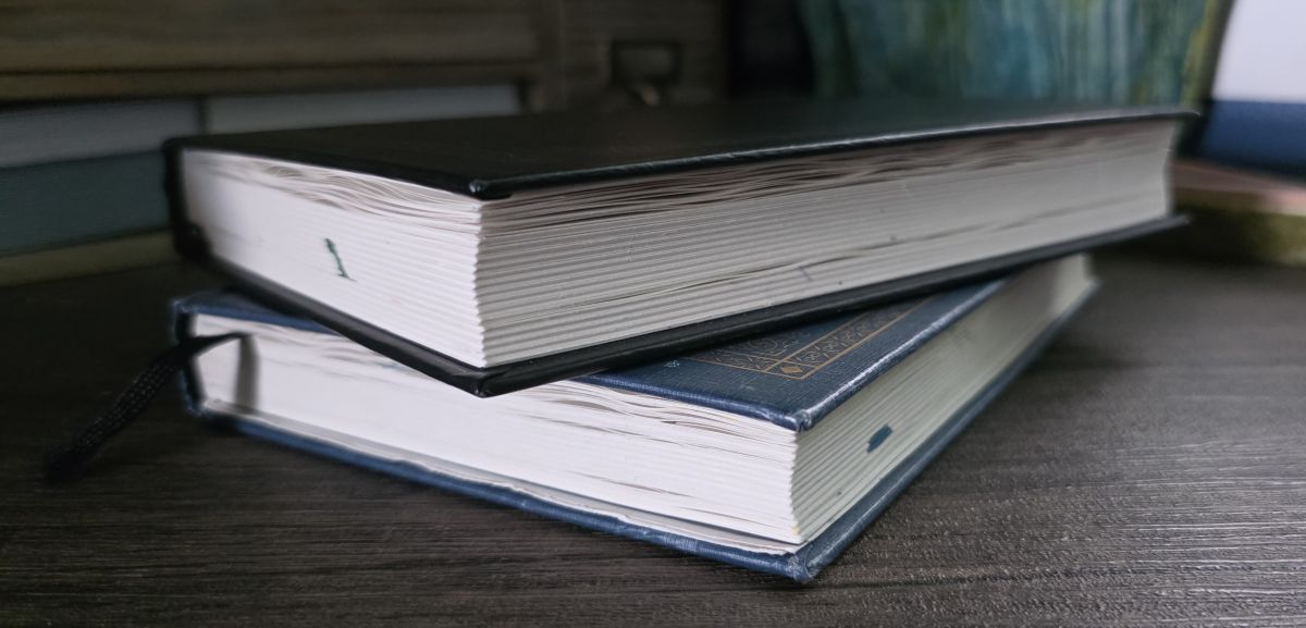 A stack of two Ink Archiving books on a desk, showing the signs of use including slightly wrinkled pages, drips of ink on the edges, and broken-in covers.