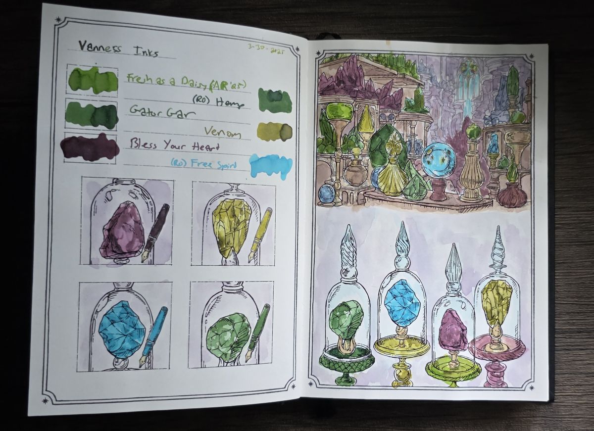 Dominant Industry Ink Archiving book open to a page with illustrated outlines of large crystals on display under glass domes and a scene of a laboratory filled with crystals and fancy bottles, all painted with inks from Vanness or Vanness-exclusive Robert Oster inks in shades of green, dark pink, and bright blue.