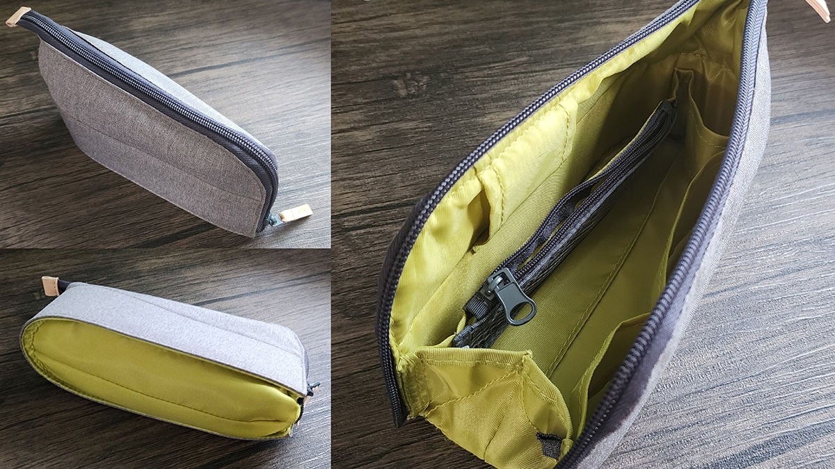 A collage showing different views of an empty light gray-brown zipper pouch with a bright green interior.