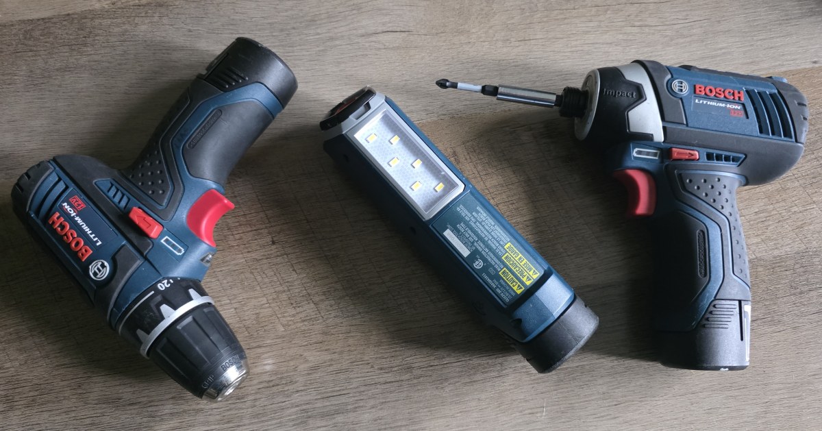 Bosch 12v power tools including a drill/driver, impact driver, and flashlight.