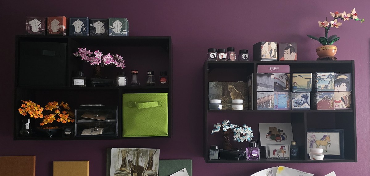 Two dark brown wall shelves with four compartments arranged in a wide rectangle holding a Lego orchid and bonsai trees, multiple ink boxes and empty ink bottles, and storage drawers.