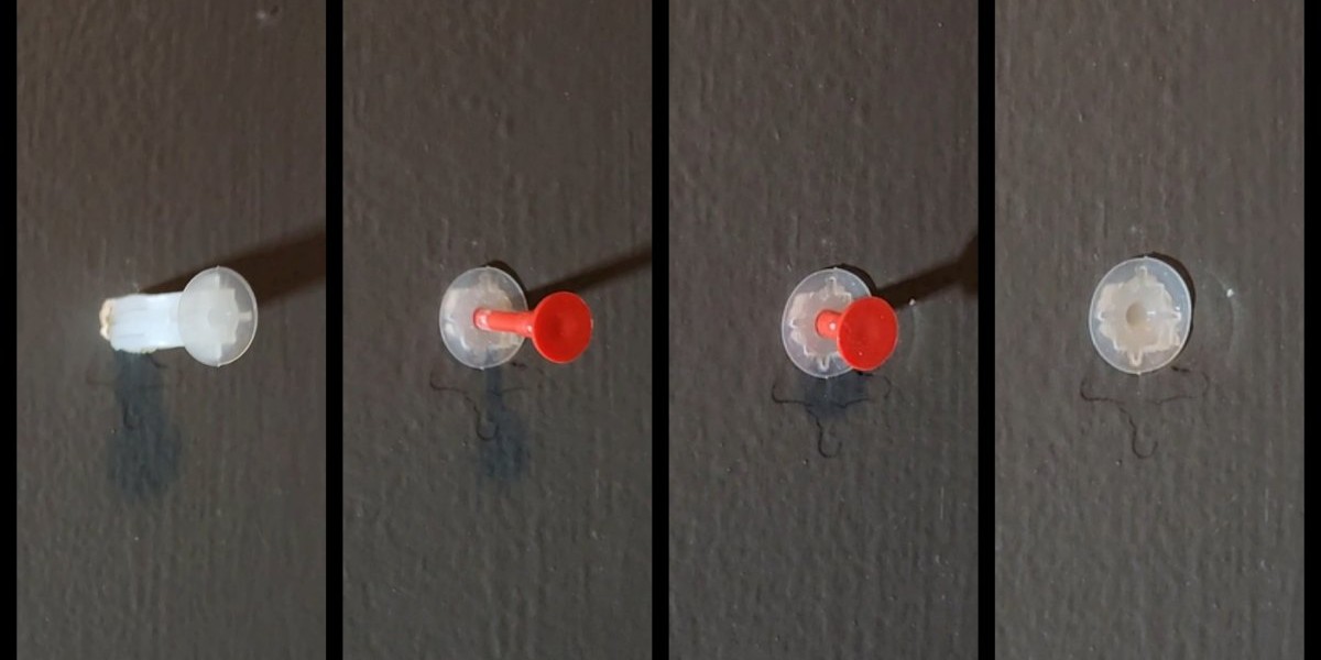 A collage of photos showing four steps for how the plastic wall anchor is installed in a wall.