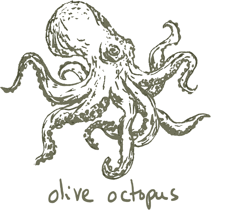 Olive Octopus handwritten text with sketch of octopus