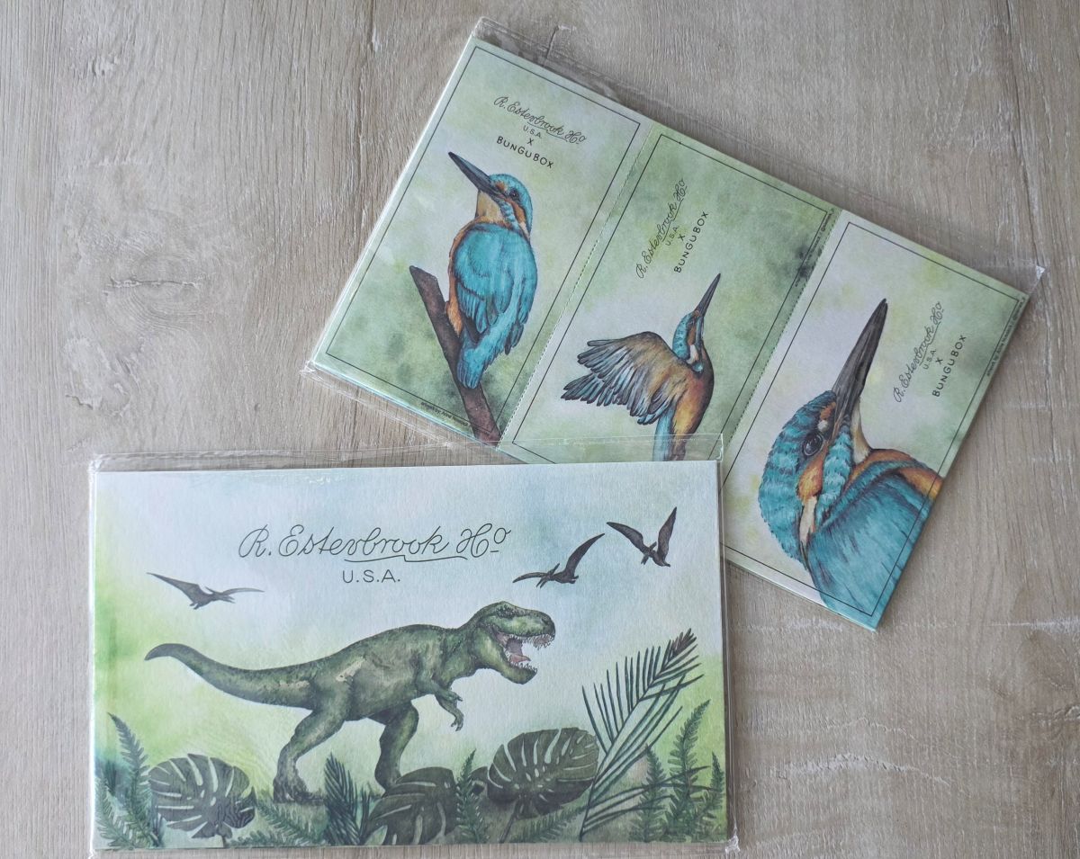 Two packs of blotter paper from Esterbrook, one with a painted Kingfisher design and one with a painted dinosaur design.