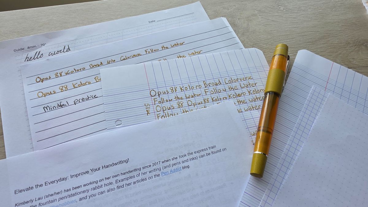 Worksheet and practice papers with different rulings and some practice writing from the Elevate the Everyday - Improve Your Handwriting class by Kimberly Lau.