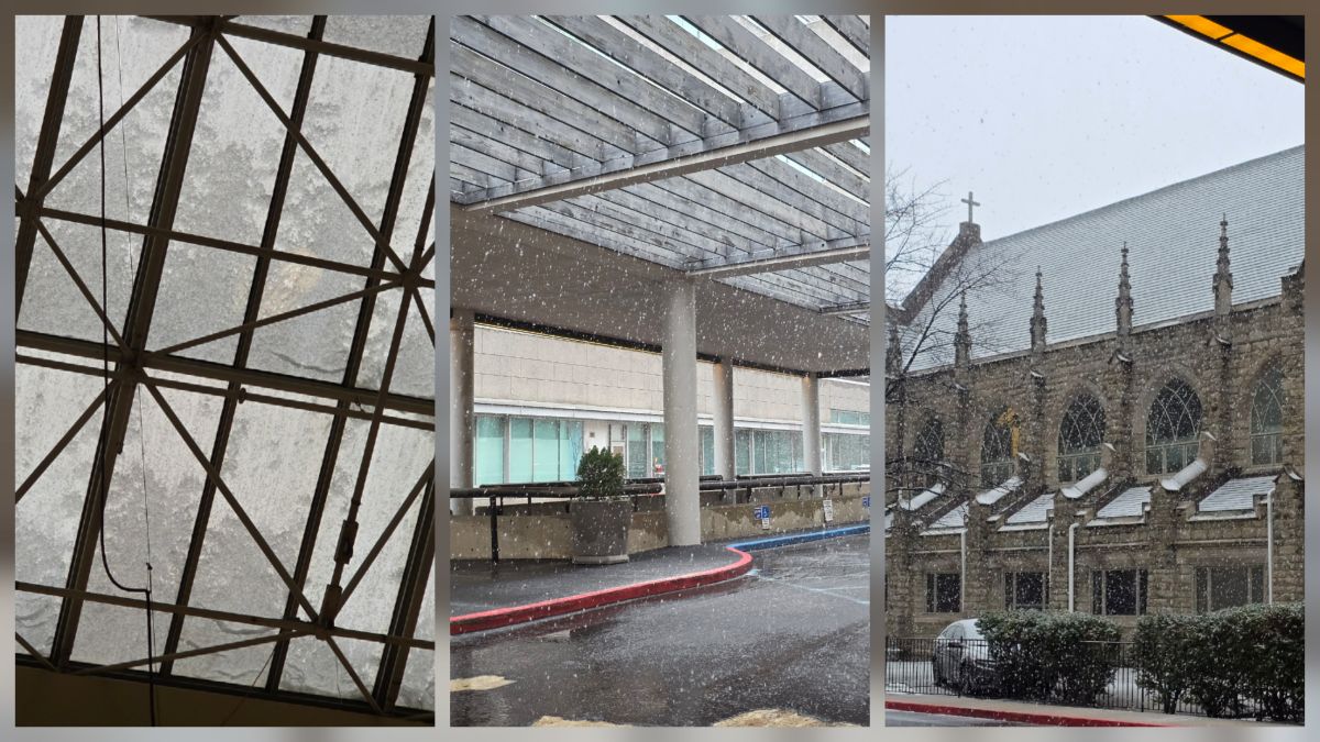 Collage of snow on the skylights of the hotel, falling through the slatted roof over the driveway in front of the hotel, and in front of the church building across the street.