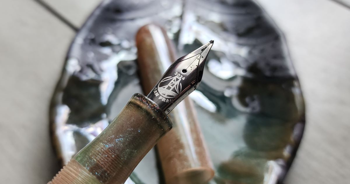 Close up shot of engraved nib with San Francisco 2024 and bridge.