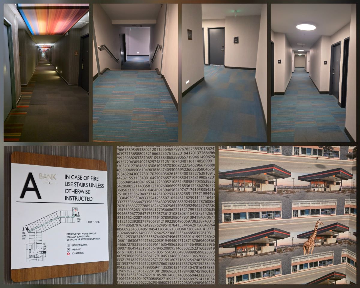 A collage of images showing a normal hallway in a hotel and then a more bare hallway with plain walls and stairs, a floor plan graphic, window shade with many numbers arranged in long rows, and wallpaper showing a repeating old gas station with random things like a giraffe and UFOs.