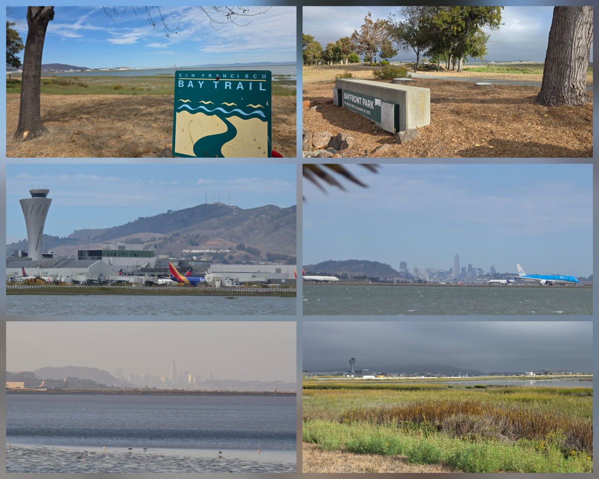 Collage of views of SFO airport and San Francisco from Bayshore Park.