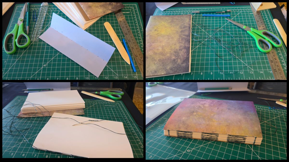 A collage from a French Link Stitch bookbinding class showing materials like scissors, rulers, bone folder, waxed thread, etc. and a finished notebook.