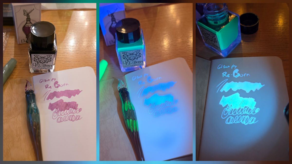 Collage of Glassophy Re:Born pink ink with shimmer in normal light and reacting to glow bright white under UV light.