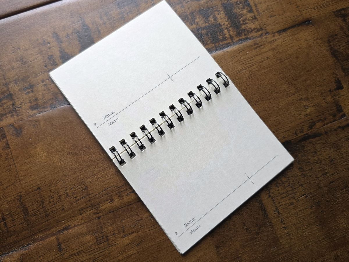 Small spiral memo book open to pages showing room to write name and a memo for a collection of things.