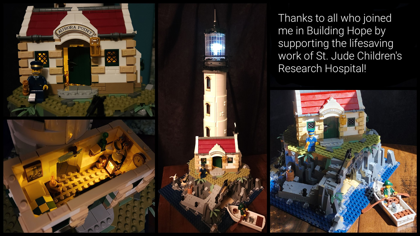 Thanks to all who joined me in Building Hope by supporting the lifesaving work of St. Jude Children's Research Hospital, collage of photos of a tall Lego lighthouse with real spinning lamp.