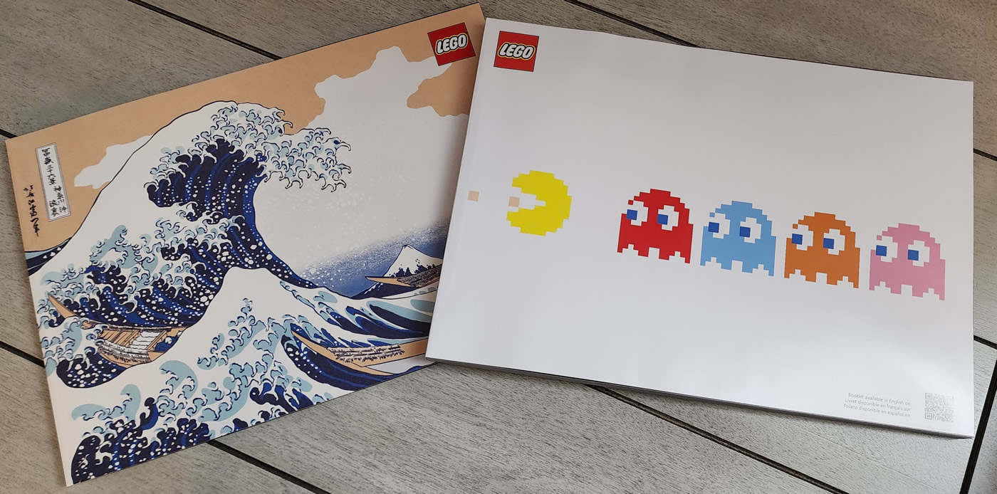 Lego instruction booklets for Hokusai – The Great Wave and PAC-MAN Lego kits