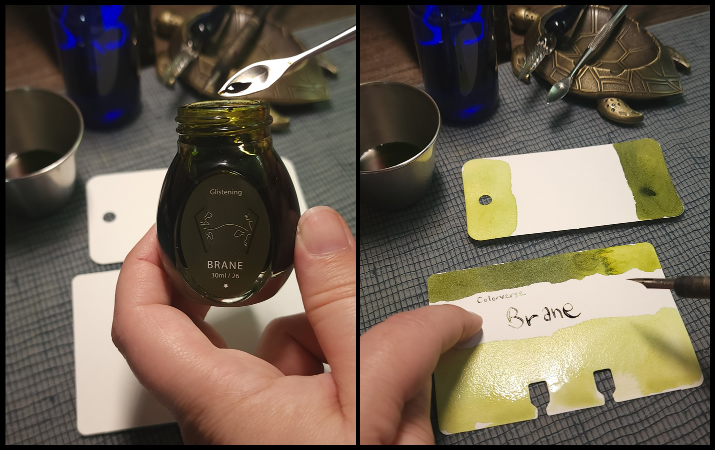 Demonstration of swatching Colorverse Brane ink, a glistening dark yellow green, onto Col-o-ring and Col-o-dex cards.