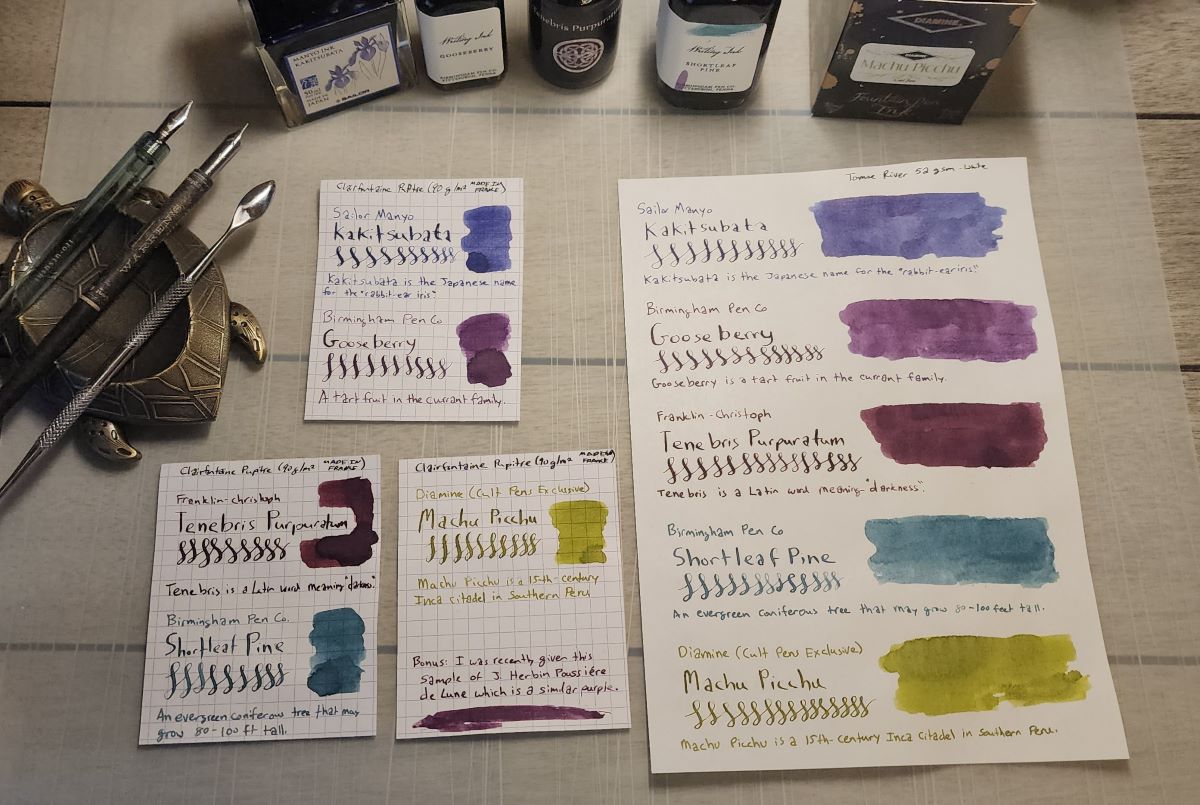 Swatches of five inks on two different types of paper