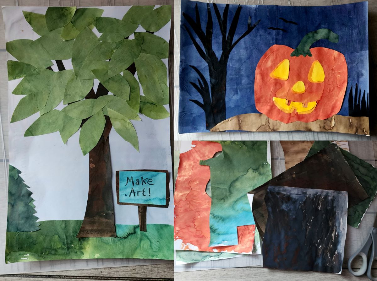 Two pieces of art made by collages of different colors of fountain pen ink painted on paper and cut out into shapes to make a tree with green leaves and a cheery jack-o-lantern at night