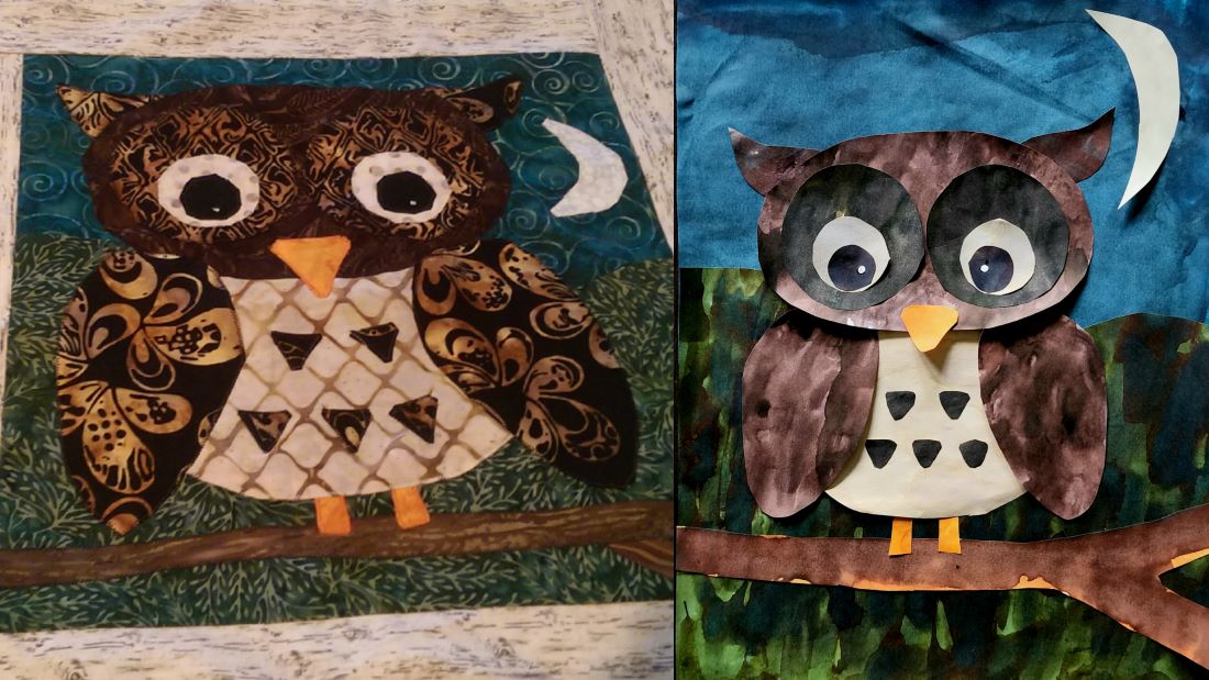 A cartoonish owl with big eyes perched on a branch at night done in two ways with batik fabrics on a quilt and with paper painted with fountain pen inks