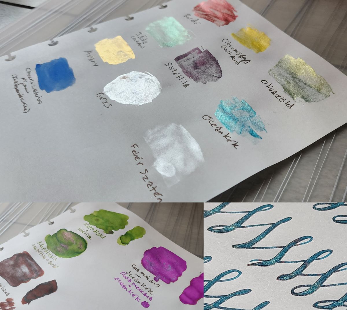 Collage of photos showing Pennonia shimmer in multiple colors, swatches of shimmer mixed into green, pink, and brown inks, and loops from a flex nib in a shimmery teal ink