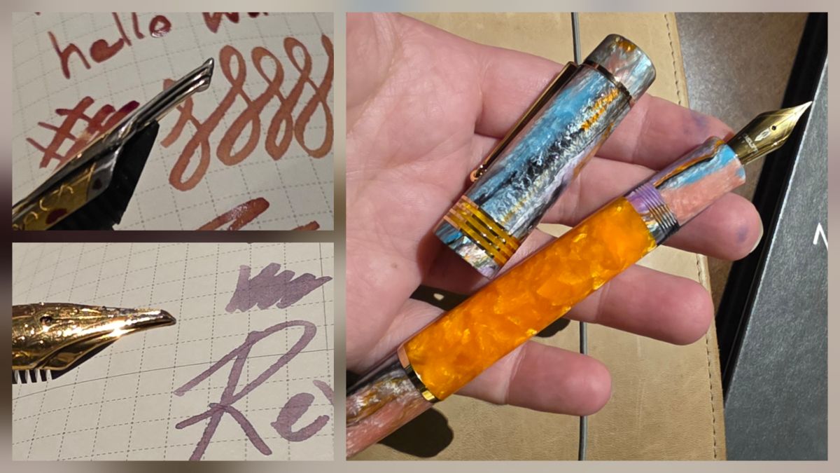 Collage of two stacked fountain pen nibs and the infamous multi-color Delta fountain pen affectionately dubbed the Tiger King of Pens.
