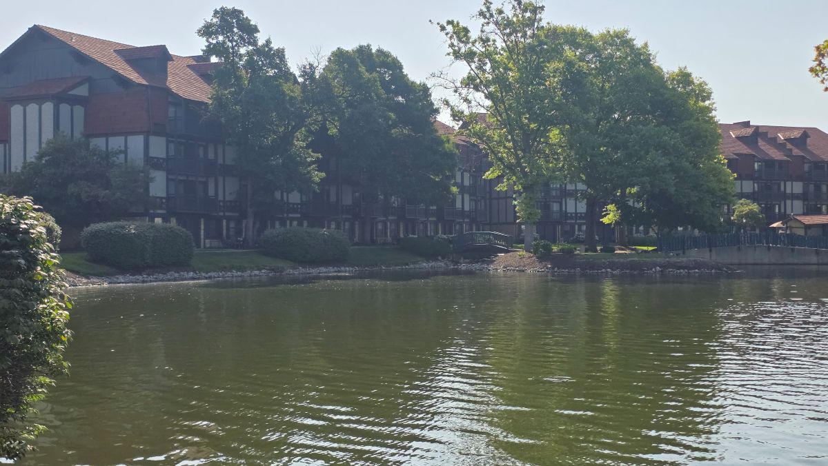 The view of the chalet hotel and some large trees from across a small body of water.