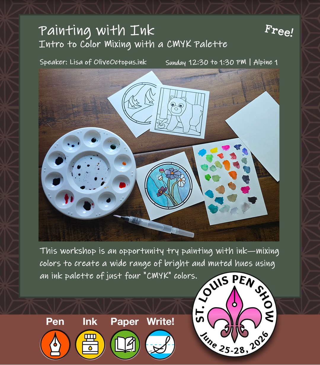 Social media graphic with details for the CMYK painting seminar on Sunday at the pen show.
