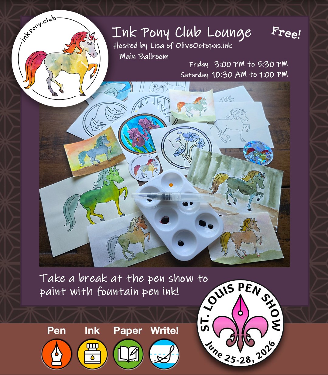 Social media graphic with details for the Ink Pony Club Lounge held from 3-5:30pm Friday and 10:30am to 1pm on Saturday at the St. Louis Pen Show.