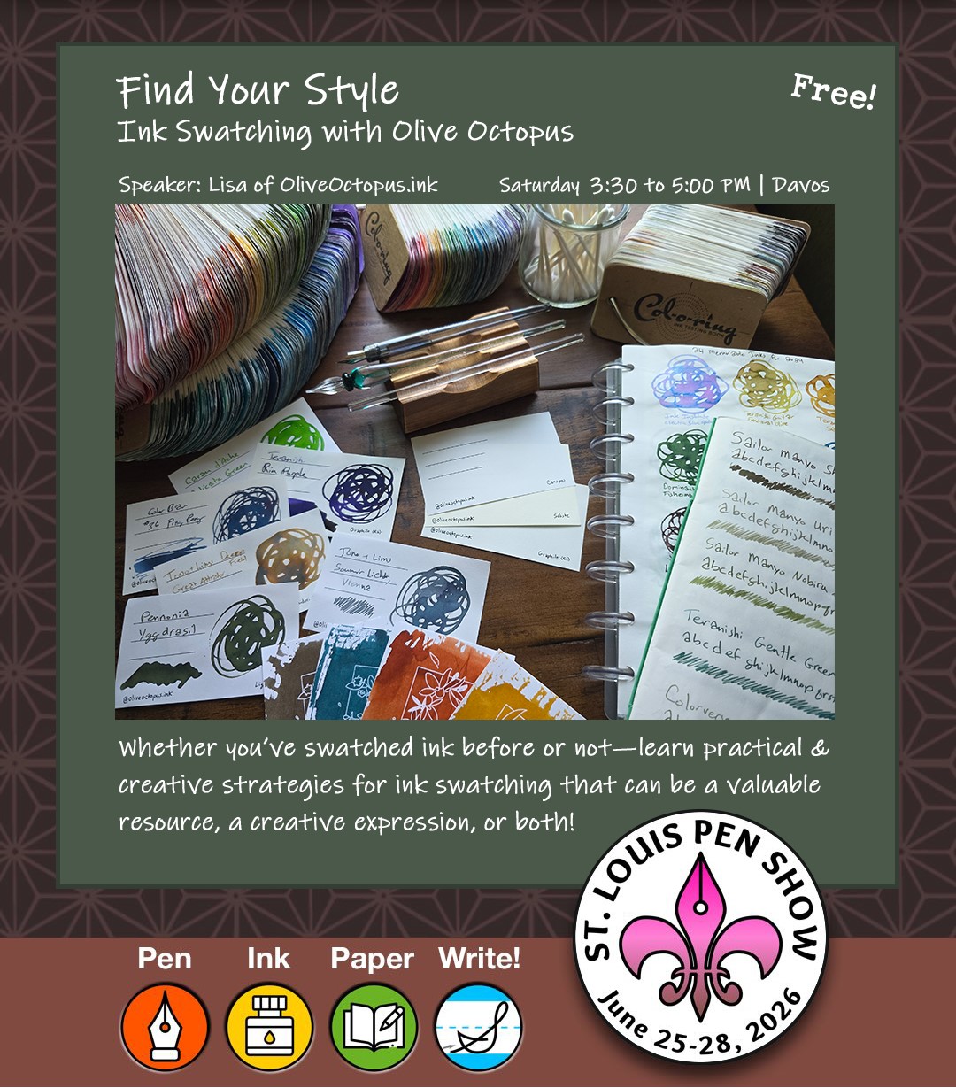 Social media graphic with details about the Find Your Style Ink swatching seminar held on Saturday afternoon.