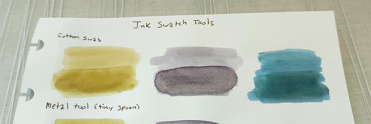 Ink swatches of Sailor 280, Colorverse Iris Nebula, and Taccia Sabimidori with a thin even layer of ink toward the top, and a darker concentration toward the bottom, with shimmer and sheen barely visible.