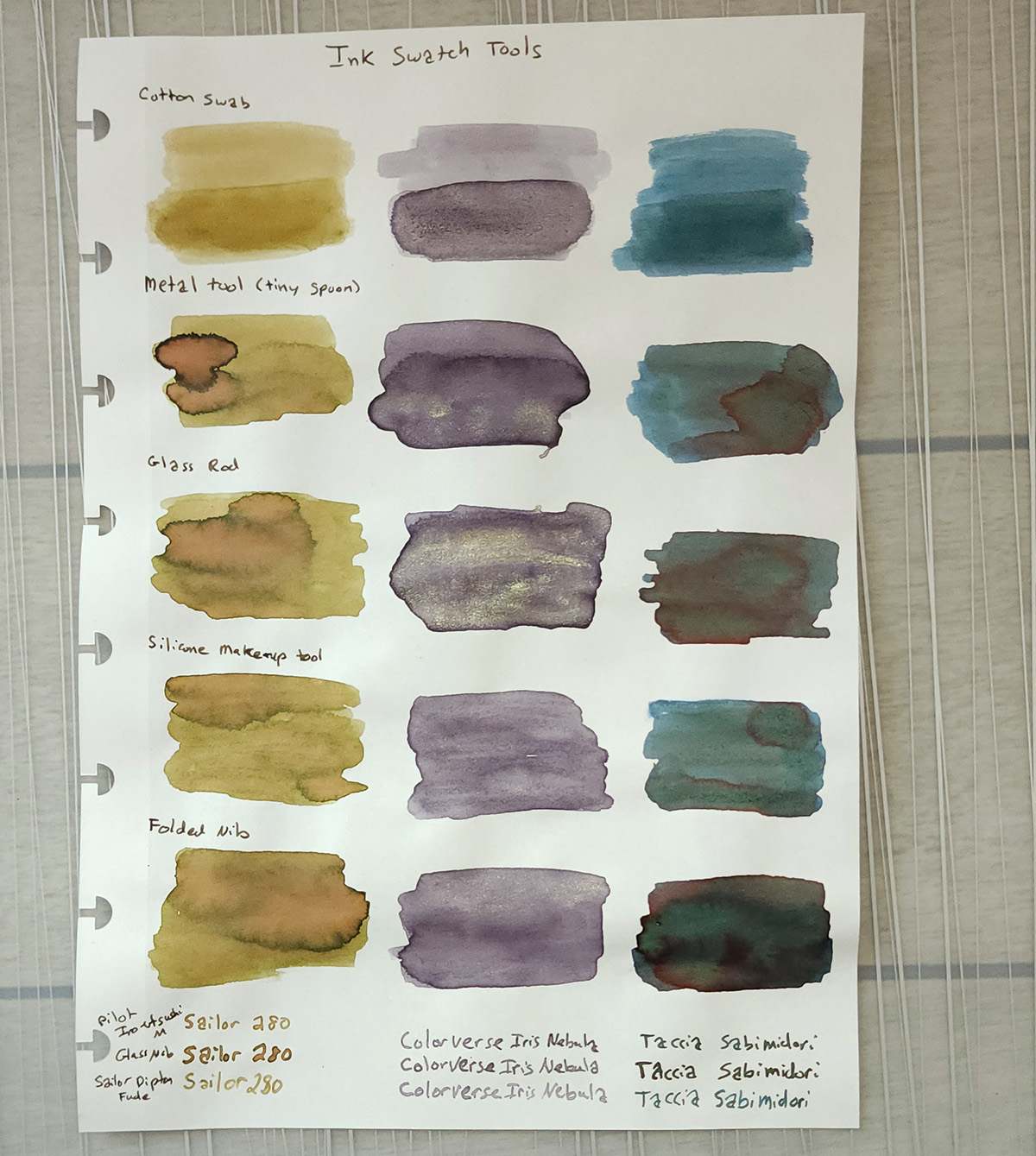 The full swatch page showing the three inks swatched with each tool side-by-side.