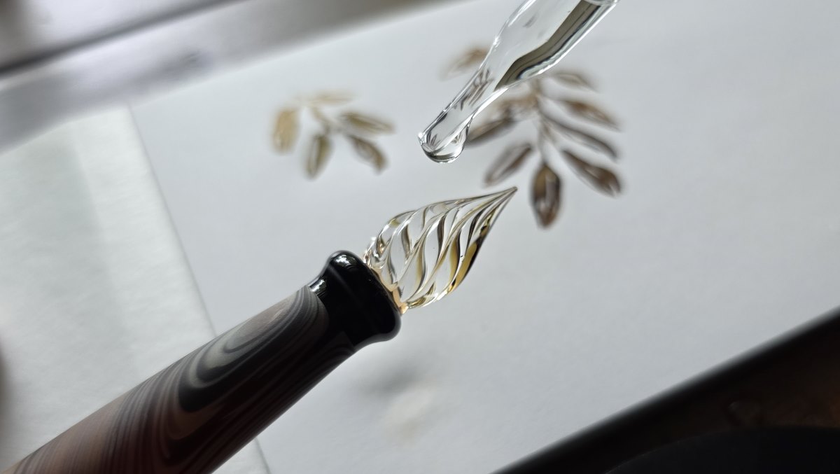 Closeup of the nib of a Hanabi glass pen with a dropper of water dripping ink onto the nib and lighter, diluted ink in the channels, and a sketch of dark and lighter leaves out of focus in the background.