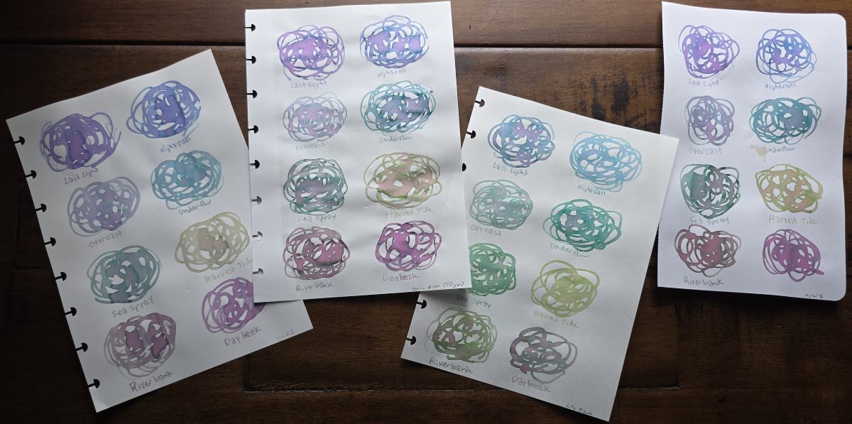 Tangled line swatches of eight Van Dieman's Natura Dualis inks on four different papers.