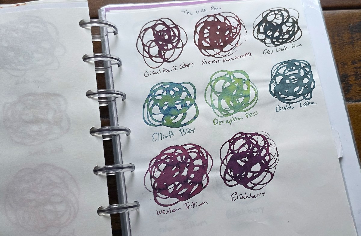 Page in a disc-bound notebook showing 8 swirled swatches of fountain pen inks from The Wet Pen in brown, red, blue, green, and purple shades.