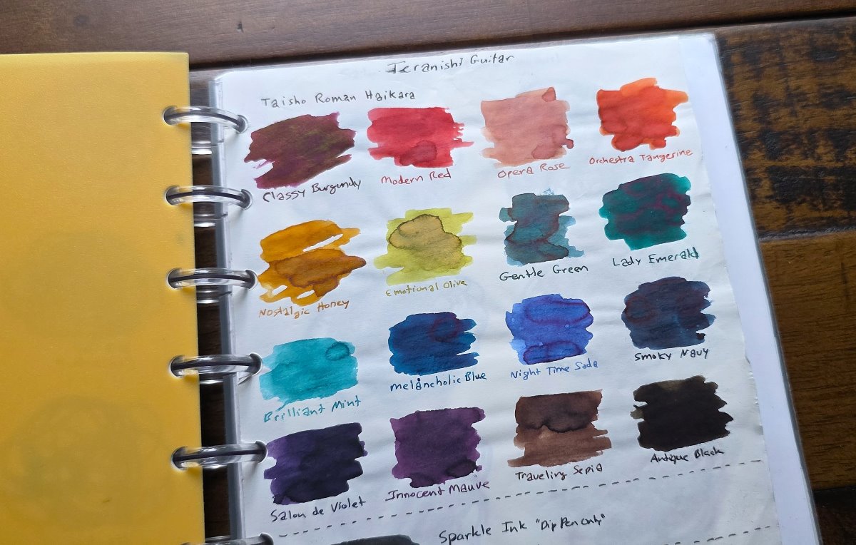 Page of swatches for the 16 Teranishi Guitar Taisho Roman Haikara fountain pen inks, each swatch is a rough square shape with the name written below.
