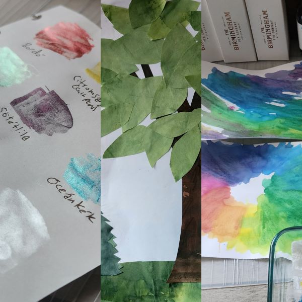 Collage of Pennonia shimmer colors, a leafy green tree art piece, and a rainbow of mixed ink colors on paper