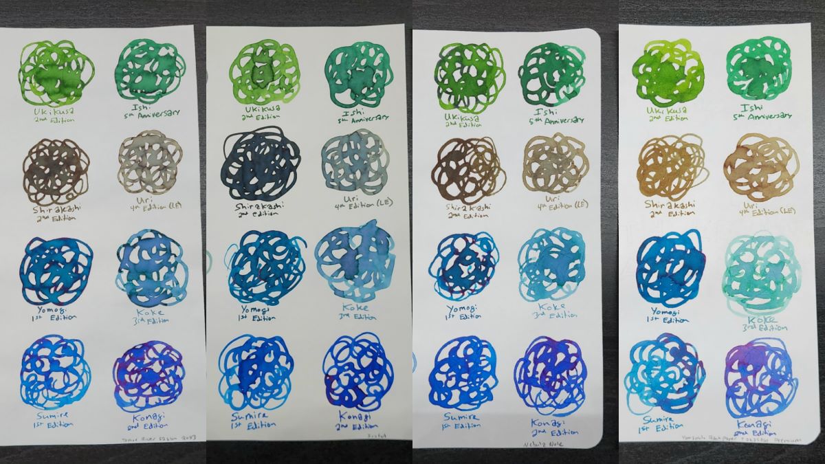 Swatches of 8 different Sailor Manyo inks in blues and greens on 4 different papers, some shades vary from paper to paper.