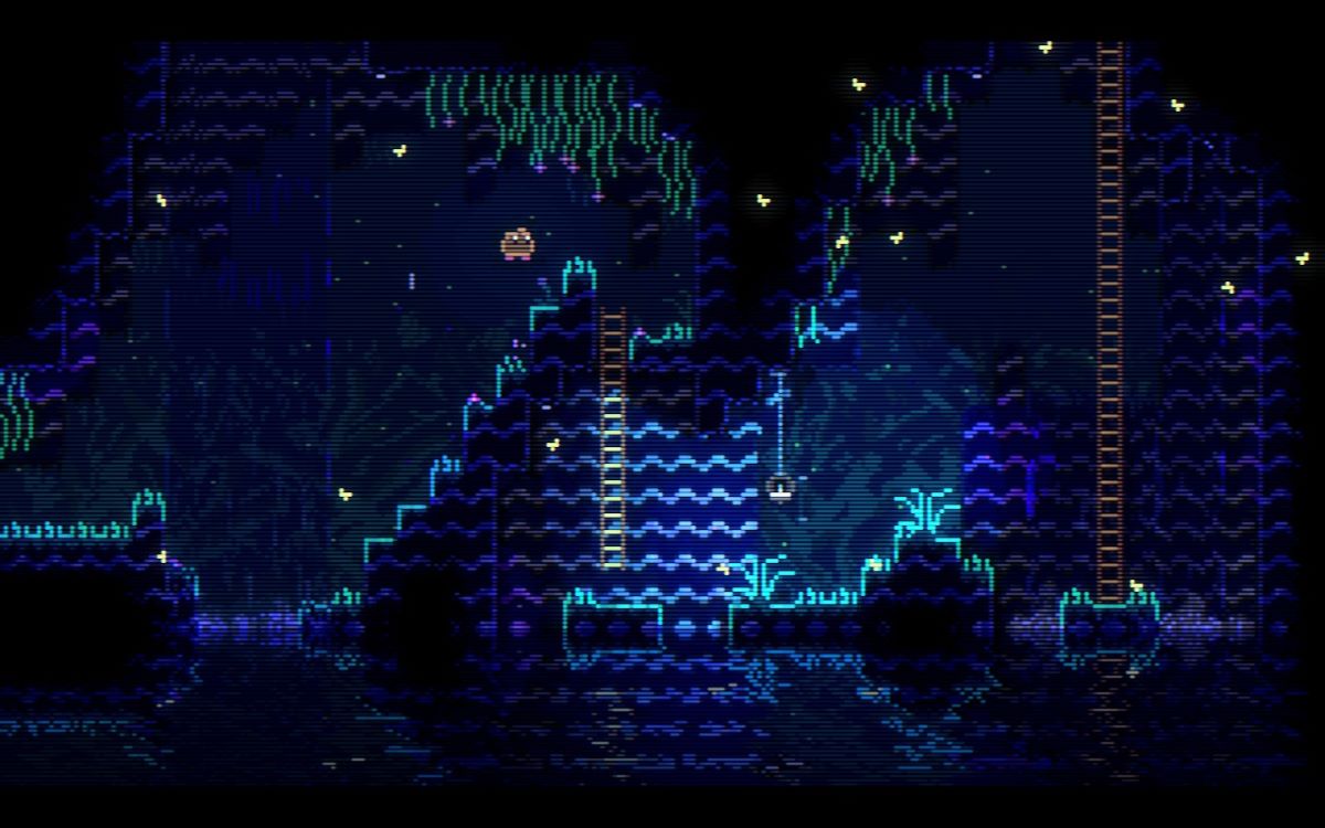 Screenshot of a video game showing a dark, underground 2D world with steps and ladders on areas of ground surrounded by water and a small round character jumping up the stairs.