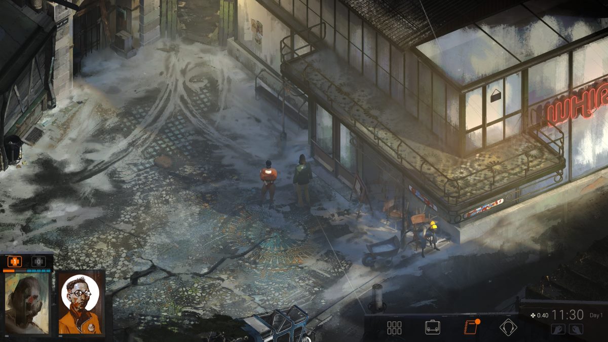 Screenshot of a video game showing two characters standing on a snowy street in front of a building.